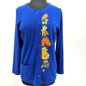 Quacker Factory Women Button Cardigan Top Sweater Fall Autumn Embroidered Medium